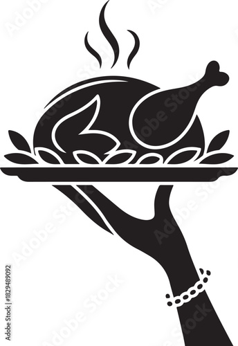 Silhouette hand of waiter holding serving plate with baked bird. Roast turkey or chicken on platter for traditional holiday dinner. Vector flat illustration