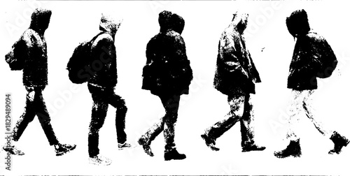 Vector illustration of a person walking in a hoodie. The silhouette showcases urban movement in a simple black and white set.