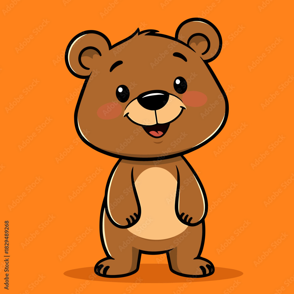 Fototapeta premium Adorable little brown bear character illustration, cheerfully standing with a big smile and rosy cheeks, perfect for children's designs and happy themes on a vibrant background