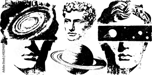 Head silhouettes featuring cosmic elements like galaxies and planets. This monochrome vector illustration showcases the theme of creativity and innovation in space.