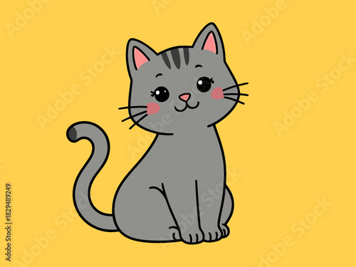A charming illustration of a cute gray tabby cat sitting down. Adorable cartoon kitten character with a happy smile, isolated on a yellow background. Vector graphic design for children