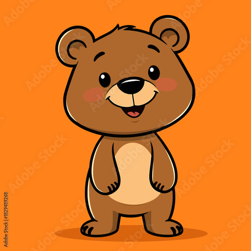 Adorable little brown bear character illustration, cheerfully standing with a big smile and rosy cheeks, perfect for children's designs and happy themes on a vibrant background