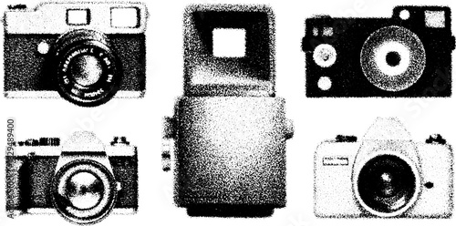 Vintage camera set in black outline style. Hand-drawn illustrations showcasing retro photographic devices, featuring a vector illustration format.