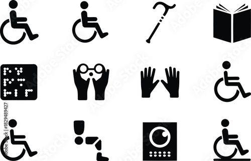 A comprehensive set of black icons illustrating various accessibility symbols and disability aids on white
