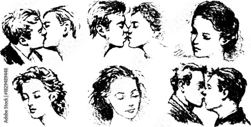 Engravings of a couple kissing, featuring a hand-drawn style. This black and white vector illustration showcases romantic silhouettes in a vintage set.