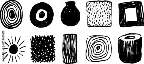 Silhouette drawings in black outline style. Hand-drawn vector illustration set of abstract shapes and textures.