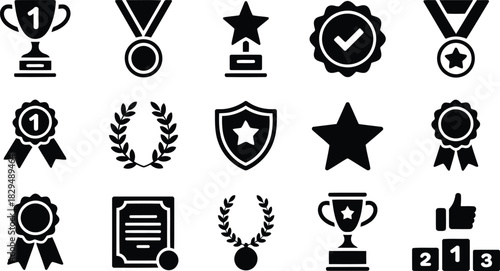 A comprehensive set of fifteen black silhouette icons representing awards, achievements, recognition, and winning success