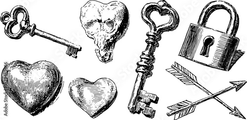 Vintage illustration of keys, locks, hearts, and arrows in a hand-drawn style. Engravings are presented as a vector set, showcasing retro elements.