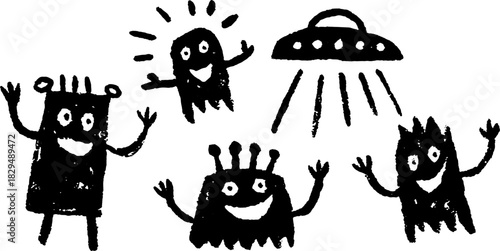 Monsters and aliens in a playful vector illustration. Black and white drawings featuring happy characters, represented in a simple style.