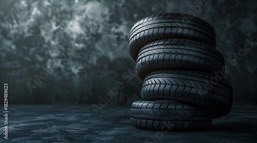 Stack of five new black tires for cars and trucks against a dark industrial background with moody lighting for automotive concepts