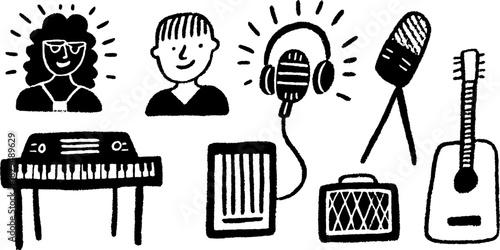 Music instruments and artists in a simple black and white vector illustration set. Features a guitar, microphone, keyboard, and headphones.