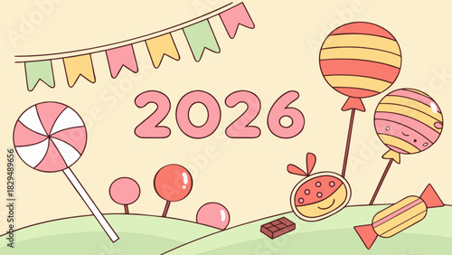 Cartoon illustration featuring the year 2026 with candies balloons and a festive banner on a pastel background