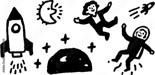 Rocket and astronaut doodle illustrations in black and white. Simple set of vector graphics showcasing space exploration.
