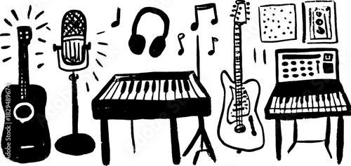 Music instruments vector illustration set featuring a guitar, microphone, piano, and headphones. Simple black and white art.