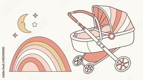 Illustration of a baby stroller with a rainbow moon and stars in soft pastel colorscheme design
