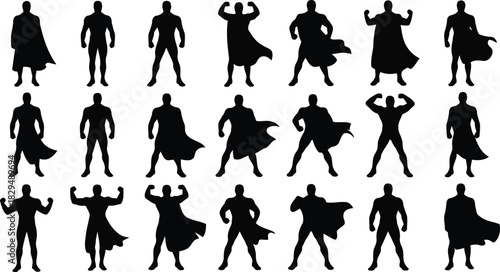 A comprehensive set of strong male superhero silhouettes in various action poses some wearing flowing capes