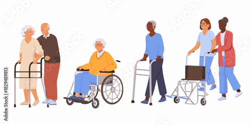 Senior people using mobility aids and assisted by caregivers flat vector illustration