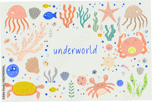 Whimsical undersea world illustration with cute sea creatures and plants