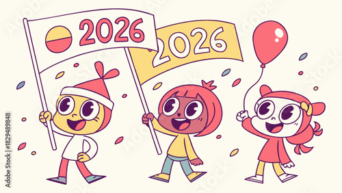 Three cartoon characters parade with flags and a balloon celebrating the year two thousand twenty six
