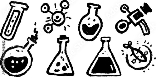 Lab equipment including flasks, test tubes, and chemicals. Simple black and white vector illustration set reflecting scientific research.
