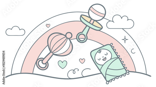 Illustration of a baby wrapped in a blanket with a rainbow and baby rattles above the baby image