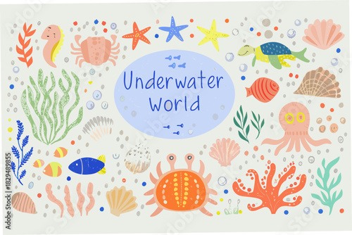 Hand drawn underwater world illustration with sea creatures and plants