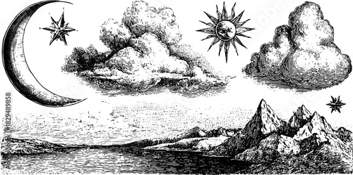 Antique engraving of celestial bodies: a moon, sun, stars, and clouds over a mountainous landscape. Detailed black outline vector illustration.