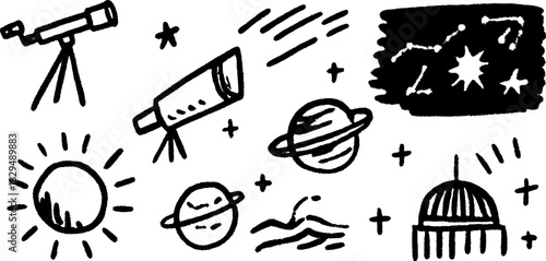 Telescope and planets in a simple, drawn style. Black and white vector illustration featuring celestial elements, including stars, sun, and a dome set.