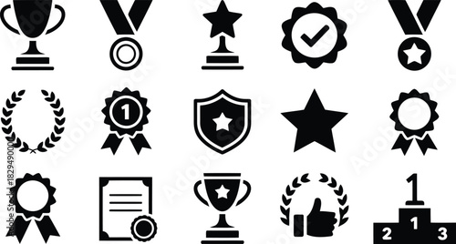 A diverse collection of fifteen black silhouette icons depicting various awards, recognition, and triumphant accomplishments