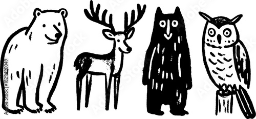 Set of animals featuring a bear, deer, owl, and a black creature. Simple black and white vector illustration in a flat style.
