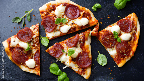 hunger. Flat lay of a freshly made pepperoni pizza with melted cheese, presented on a clean background. representing modern convenience.