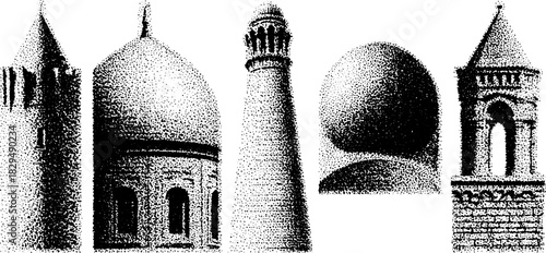 Architectural elements featuring domes and towers in a geometric design. Detailed vector illustration of various structures in black and white.