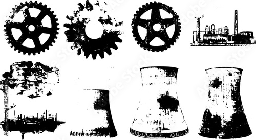 Industrial gear and factory elements in line drawing style. Black and white vector illustration set featuring machinery and energy concepts.