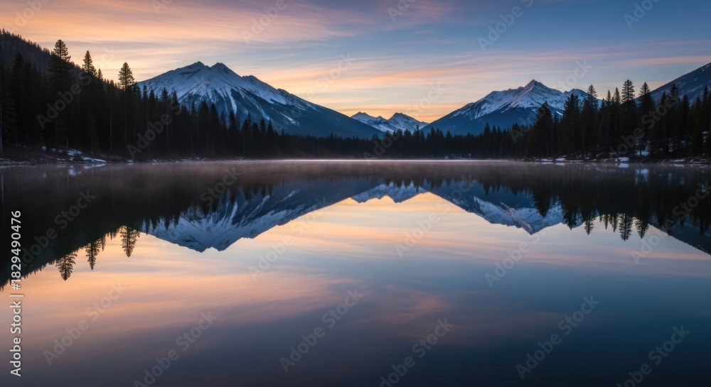Fototapeta premium Serene mountain lake reflection at sunrise painting a tranquil landscape with peace