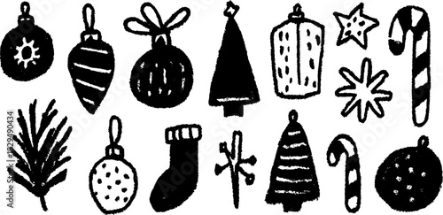 Christmas ornaments in black vector illustration. Simple set including a tree, star, candy, and stocking for holiday design.