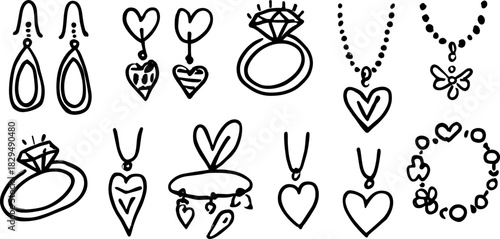 Jewelry collection outline with earrings, necklaces, and rings. Hand-drawn black line art vector illustration set featuring hearts and diamonds.