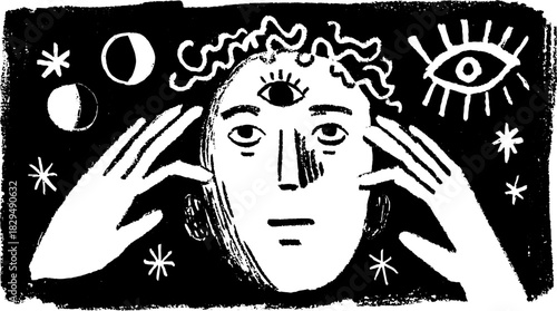 Abstract illustration featuring a person with an eye, hands, and mystical elements. Black and white vector art conveying vision and consciousness.