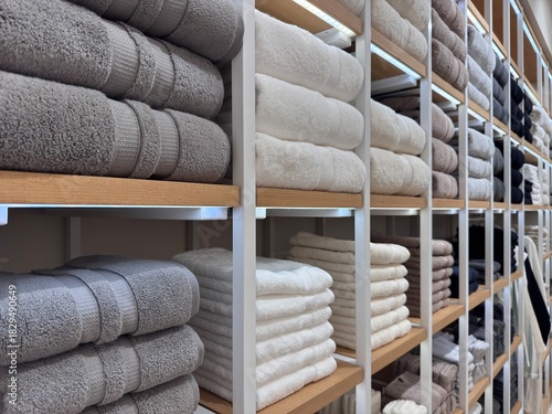Neatly folded cotton bath towels arranged by color on a store shelf. The aesthetics of home goods on the shelves of a brand store. 
