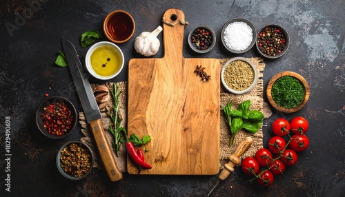 Cooking Ingredients and Chef Tools Arranged on Rustic Cutting Board