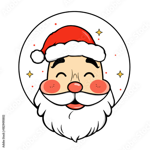 A cheerful cartoon depiction of Santa Claus's face, featuring rosy cheeks, a bright red nose and hat, and twinkling stars around a white circular background over a transparent background.