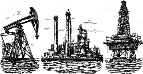 Oil rig and platform in a vintage drawing style. Detailed vector illustration of offshore industrial equipment and structures on water.