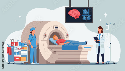 Patient undergoing magnetic resonance imaging of the brain in a hospital with a doctor and a nurse