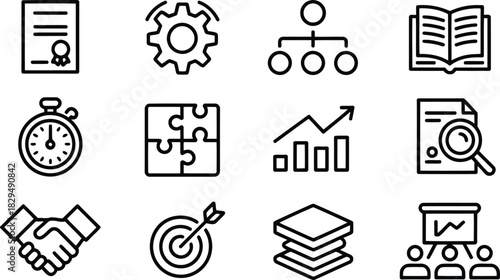 A grid of line icons representing core business functions, strategic planning, and successful project management