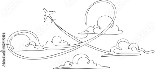 A single continuous line drawing of an airplane's path. World travel and international airline business concept in a simple linear style. Airplane travel. Vector illustration.