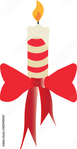 Illustration of a festive red and white striped candle with a large red bow