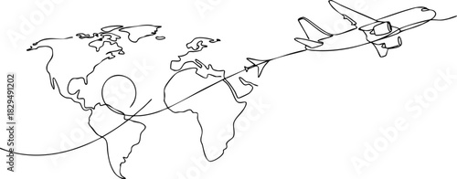 One continuous line illustration of airplane travel around the world representing global journeys