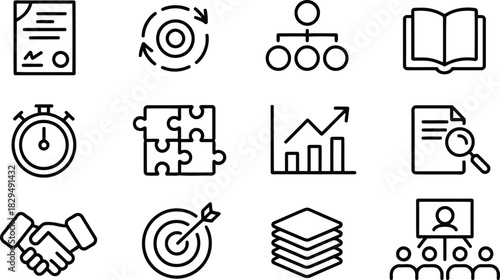 A grid of twelve outline icons depicting essential business operations and successful organizational strategies