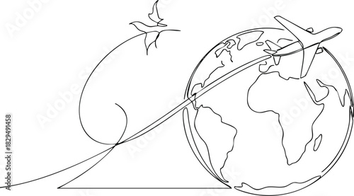 An elegant one continuous line drawing captures the spirit of global travel, with an airplane and bird circling the Earth, symbolizing seamless connections and worldwide exploration