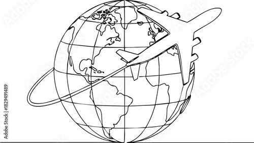 A simple, one continuous line drawing of an airplane circling a wireframe globe, symbolizing global travel and international tourism