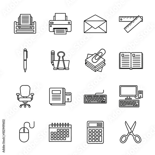 Office supplies and business equipment line art icon set.